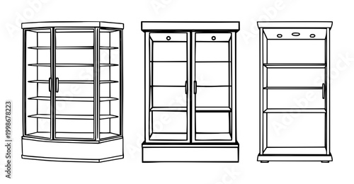 Glass cabinet set with black line art on white background featuring cabinets, storage solutions, interior design with black and white and minimalist aesthetic