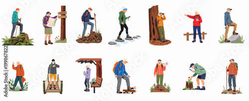 Set of active seniors enjoying various outdoor hiking activities like trekking, exploring nature, and navigating trails in a forest or national park.