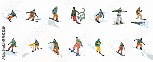 Collection of flat vector illustrations of male and female snowboarders in colorful winter gear performing various tricks and riding on snow.