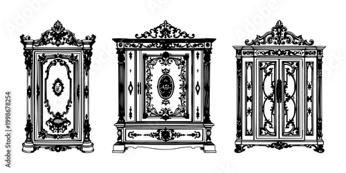 Cabinet set with ornate silver design and black line art on white background featuring furniture, interior decor, architecture with silver and wood detailing