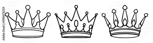 Crown set with black line art on solid white background featuring stylized, minimal, circular crown icon with regal symbolism and ornamental detailing
