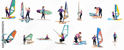 Set of vector illustrations featuring men and women windsurfing, carrying equipment, and preparing for water sports on a white background.