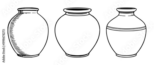 Ceramic jar set with black line art and white background featuring jar, line art, illustration with stationery and decor