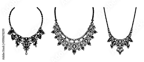 Necklace set with intricate black line art on white background featuring ornate brass jewelry, detailed filigree, luxury design with elegance and sophistication