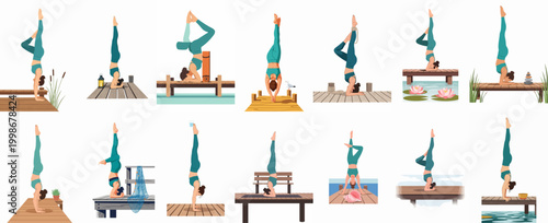 Collection of illustrations featuring a woman performing various yoga inversion poses on wooden piers over water, each with unique serene elements and props.