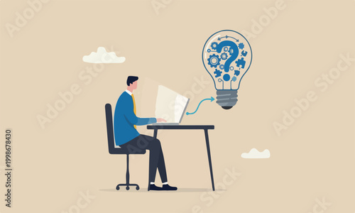 Entrepreneur solution, creative idea to solve work problem, success discover new innovation concept, smart businessman working with computer laptop on bright light bulb idea