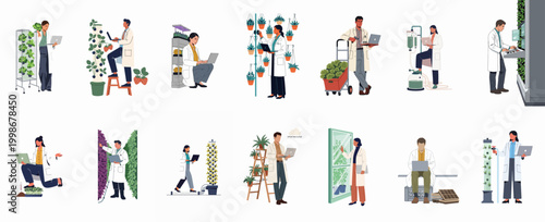 Collection of diverse agricultural scientists and researchers working with hydroponics, vertical farming systems, and smart technology in modern laboratory environments.