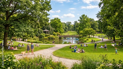 photo of a cool green garden view with lots of beautiful flowers in spring made by AI generative