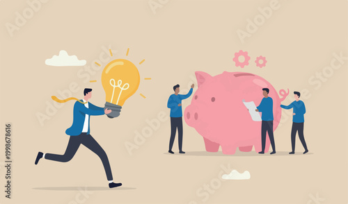 Big idea, creativity and innovation to change or invent new product, solution pink piggy problem, discover idea concept, excited businessman carrying big lightbulb idea invent new product