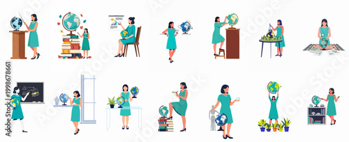 Flat vector illustration set of a female teacher or geographer teaching geography and ecology with globes and books.