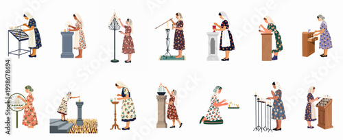 Flat illustration collection of women in traditional floral dresses and headscarves lighting candles and praying in various religious ritual scenes.
