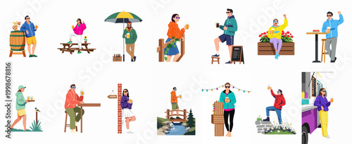 Set of diverse people enjoying beer in various outdoor settings like beer gardens, festivals, and food trucks, flat vector illustration.
