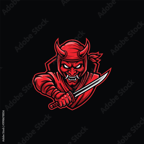 Red Oni Demon Holding Sword Angrily.