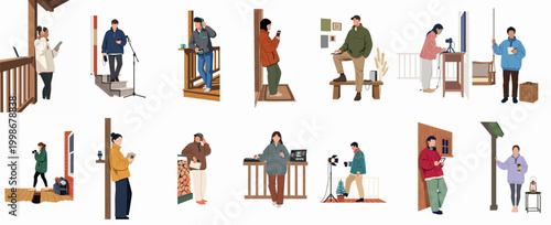 Collection of diverse characters engaged in remote work, content creation, and creative projects in cozy outdoor and cabin settings, wearing casual fleece clothing.