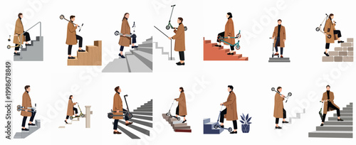 Set of illustrations depicting people in coats carrying or pushing electric scooters up and down various staircases, showcasing urban mobility challenges.