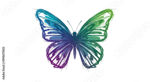 Vibrant, sketchy butterfly wings transition from purple to blue to green