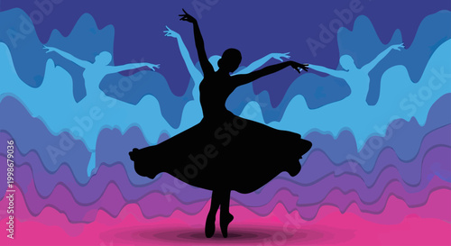 Silhouette of a ballerina twirling against a backdrop of dancing figures