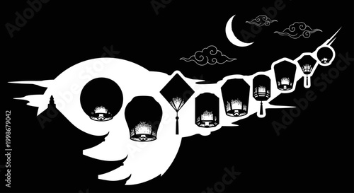 White lanterns float under a crescent moon and clouds on a dark background