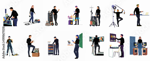 A collection of professionals working in media, music production, sound engineering, broadcasting, and film, presented as flat vector illustrations isolated on white.