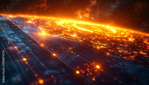 A Celestial Spectacle: A mesmerizing view of planet earth ablaze with light from space, a vibrant display of the night city lights. 