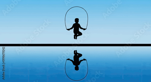 Silhouette of a child jumping rope, reflected in blue water