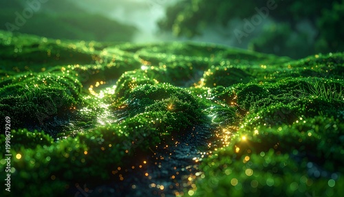 Lush Green Mossy Path: A close-up view unveils a dense expanse of emerald green moss, punctuated by a delicate path, dappled with sunlight.