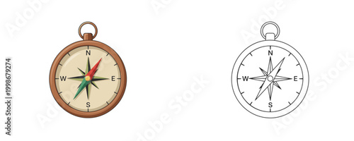 Vintage pocket navigation compass illustrations in flat color and black line styles with brown wooden frame and green needle for orientation on white background