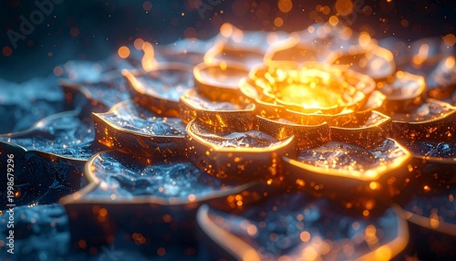 Glimmering Blossom: A close-up view of a unique, intricate blossom radiates with an ethereal glow, its petals detailed in captivating hues and textures.