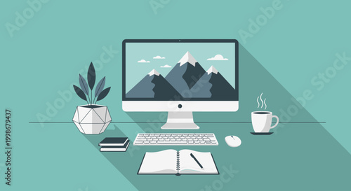 Modern workspace with computer displaying mountain landscape and office accessories.
