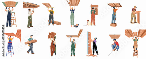 Set of diverse construction workers and carpenters in overalls performing various woodworking, building, and home renovation tasks on a white background.
