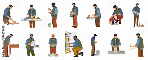 Set of flat vector illustrations depicting men managing gluten-free meal preparation, pantry organization, and daily kitchen routines at home.