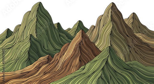 Photos A graphic depiction of a mountain range with stylized, flowing lines in green an