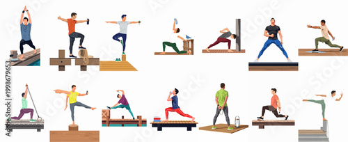 Collection of flat vector illustrations featuring men performing diverse yoga poses, stretches, and exercises on wooden docks and waterfront platforms.