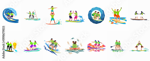Flat vector illustrations of diverse groups and couples participating in water sports including surfing, stand-up paddleboarding, yoga, and meditation on the ocean.