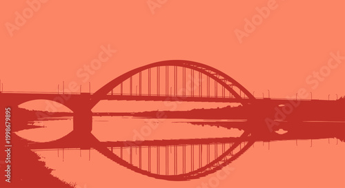 A silhouette of an arched bridge over calm water, reflecting its structure