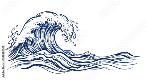 Dynamic dark blue ink illustration of a crashing wave with frothy crest