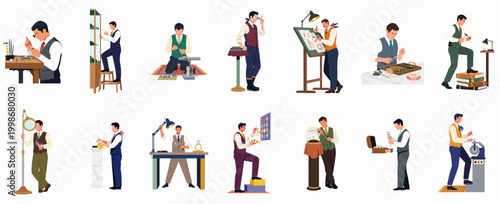 Set of Professional Jewelers and Goldsmiths Crafting and Inspecting Exquisite Jewelry and Gemstones