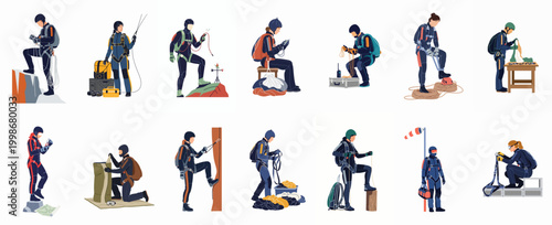 Flat Illustration Set of Professional Skydivers and Extreme Sports Athletes Preparing Equipment and Gear for Jumping, Climbing, and Safety Operations