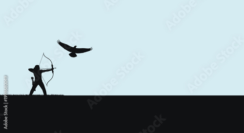 Silhouette of archer aiming bow at eagle against pale blue sky