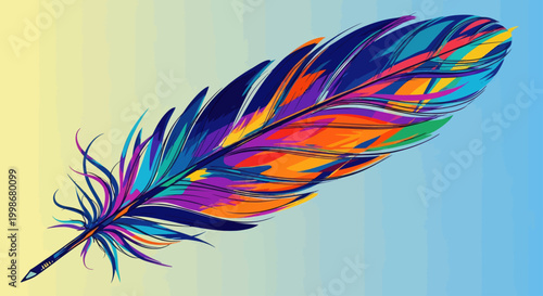 A vibrant, abstract feather bursts with bold colors against a soft gradient background