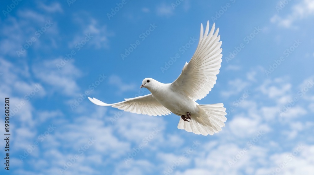 Obraz premium white dove spreading its wings against a blue sky background made by AI generative