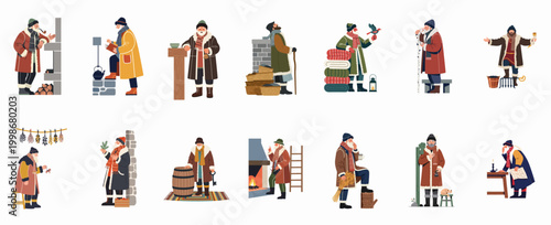 Set of illustrations featuring elderly men in traditional winter attire engaged in various rustic household chores and activities.