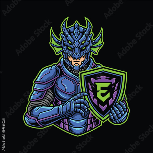 Dragon warrior in armor holding shield.