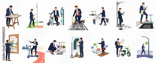 Set of Illustrations Featuring a Businessman Planning Urban Infrastructure and Micro-mobility Solutions in a Smart City Environment