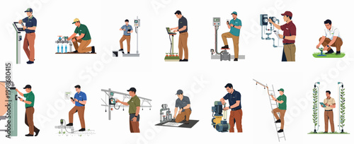 Set of male workers managing advanced agricultural irrigation systems, using digital controls and monitoring tools for smart farming and modern greenhouse management.