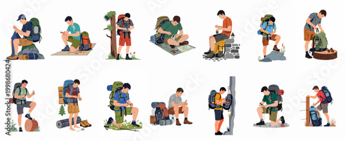 Set of flat vector illustrations featuring male hikers and backpackers managing gear, navigating, and resting during various outdoor adventure activities on a white background.