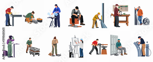 Diverse flat vector illustration set featuring male and female industrial workers performing metalworking, welding, and workshop tasks.