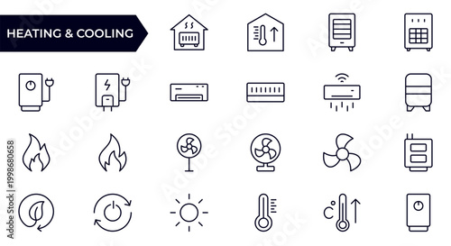 Heating and Cooling Efficiency Line Icon Set for HVAC Systems, Energy Saving, Temperature Control, Climate Management and Smart Home Outline Vector Collection