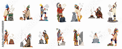 Vector illustration set featuring diverse Native American characters in traditional attire, smoking peace pipes and performing smoke rituals against a white background.