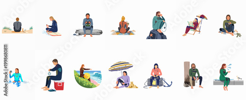 Collection of flat vector illustrations featuring diverse people in wetsuits engaged in various beach and ocean-side activities and hobbies.